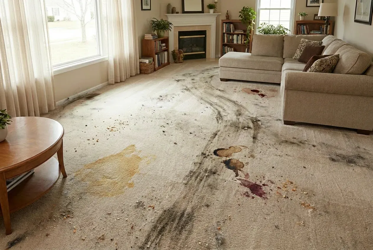 Carpet before cleaning, showing soiling and traffic lanes