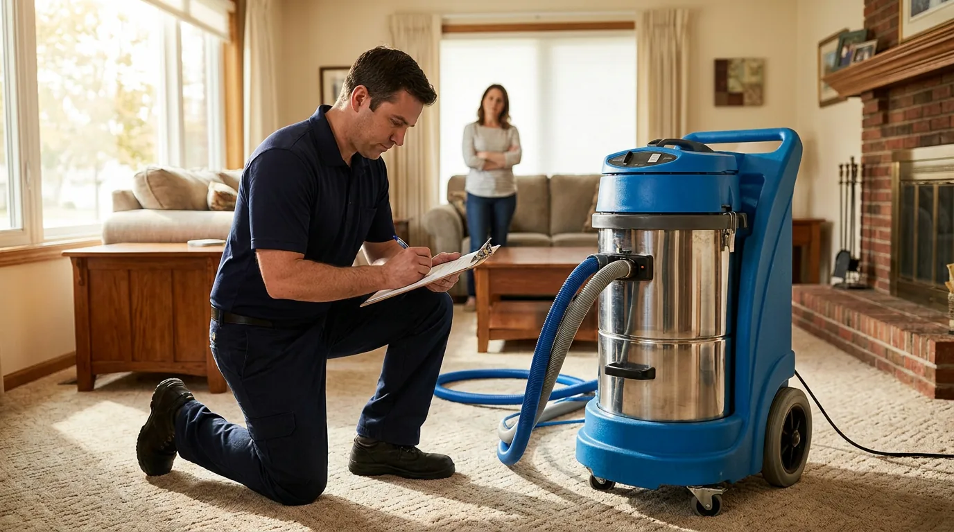Carpet cleaning technician preparing a written cost estimate in a Kansas City area living room