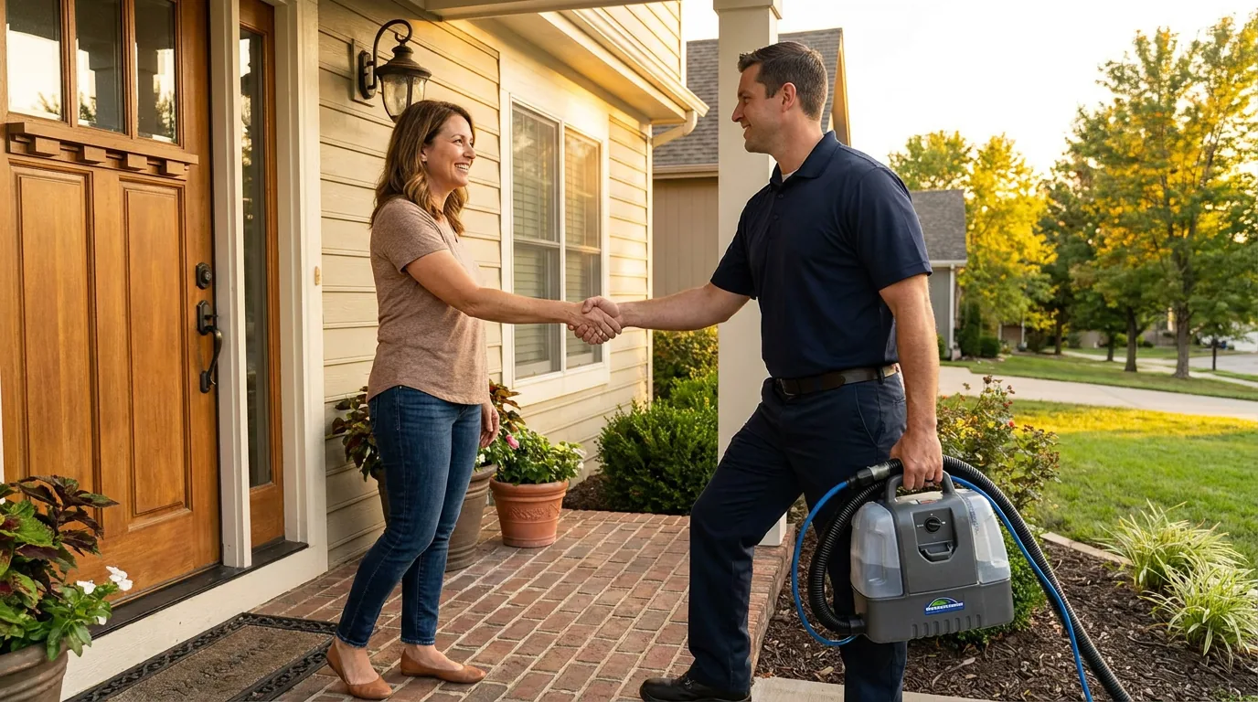Homeowner greeting a professional carpet cleaner at the door of a Kansas City home