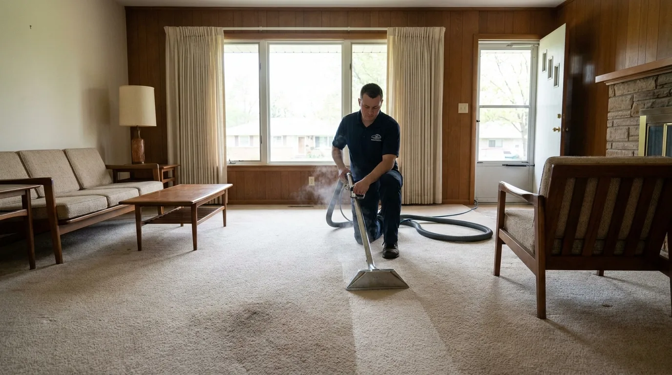 R&L Carpet Cleaning technician running a hot water extraction wand across living room carpet in a South Kansas City home