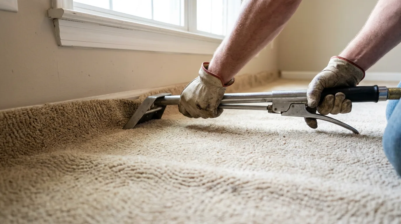 Technician power-stretching wrinkled carpet tight during a carpet repair in a Kansas City home