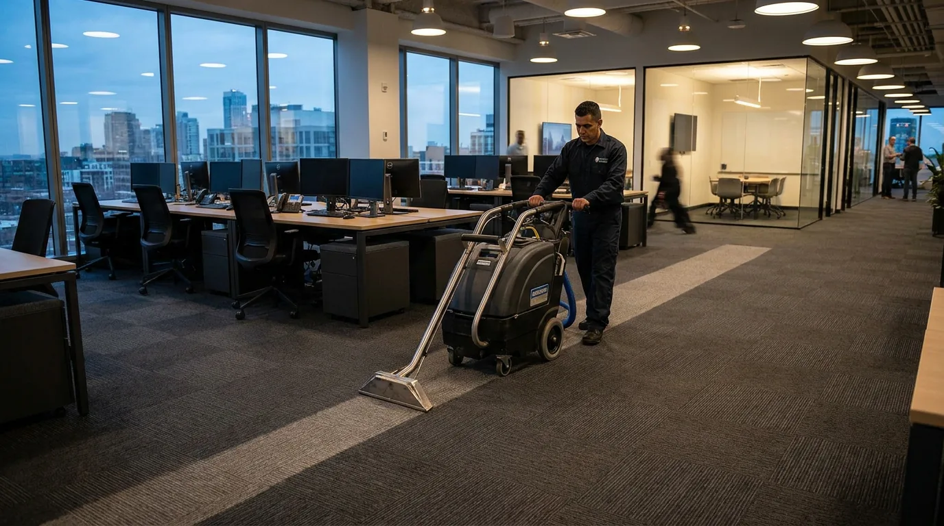 Commercial carpet cleaning in progress in an Independence, MO office space
