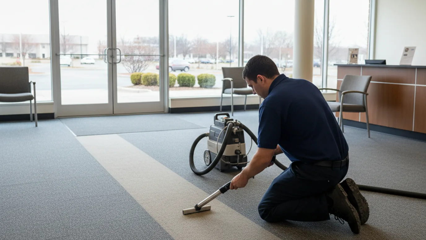 R&L Carpet Cleaning extracting the carpet tile entry zone of a suburban Kansas office building lobby, with a portable extractor behind and the office park parking lot visible through the glass doors