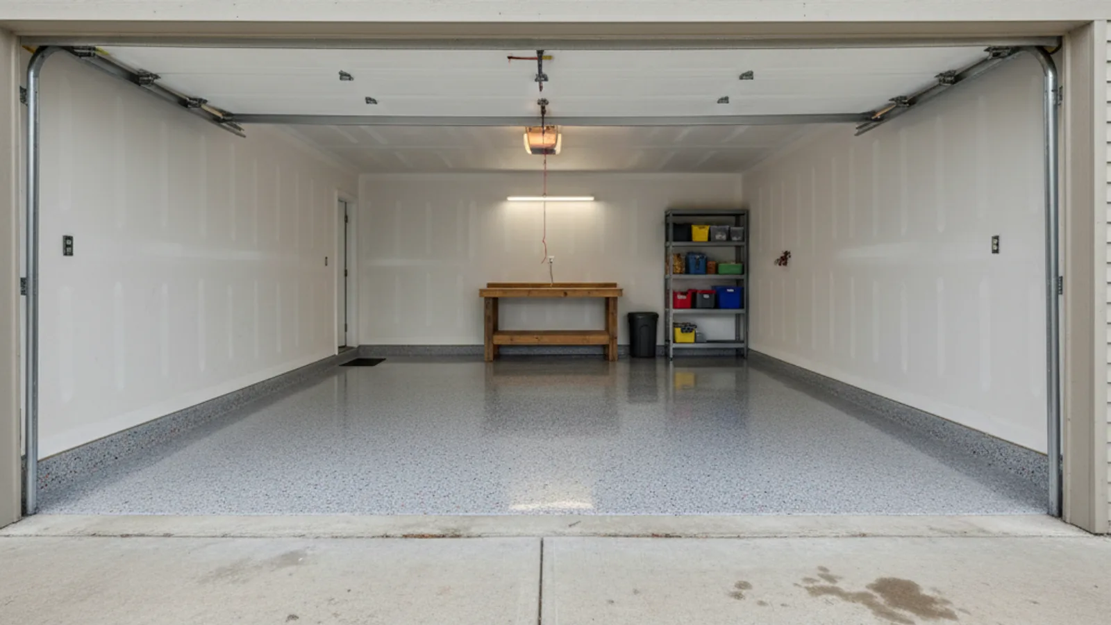 A finished residential two-car garage in the Kansas City area with a glossy gray decorative flake epoxy floor coating installed by R&L, the open garage door showing the dull stained bare concrete driveway apron outside for contrast