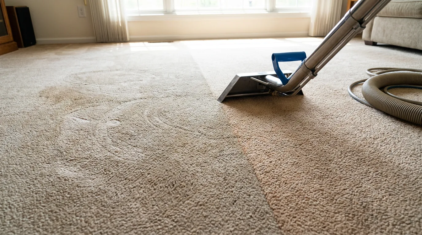 Half-dingy, half-professionally-cleaned carpet showing the truth behind carpet cleaning myths