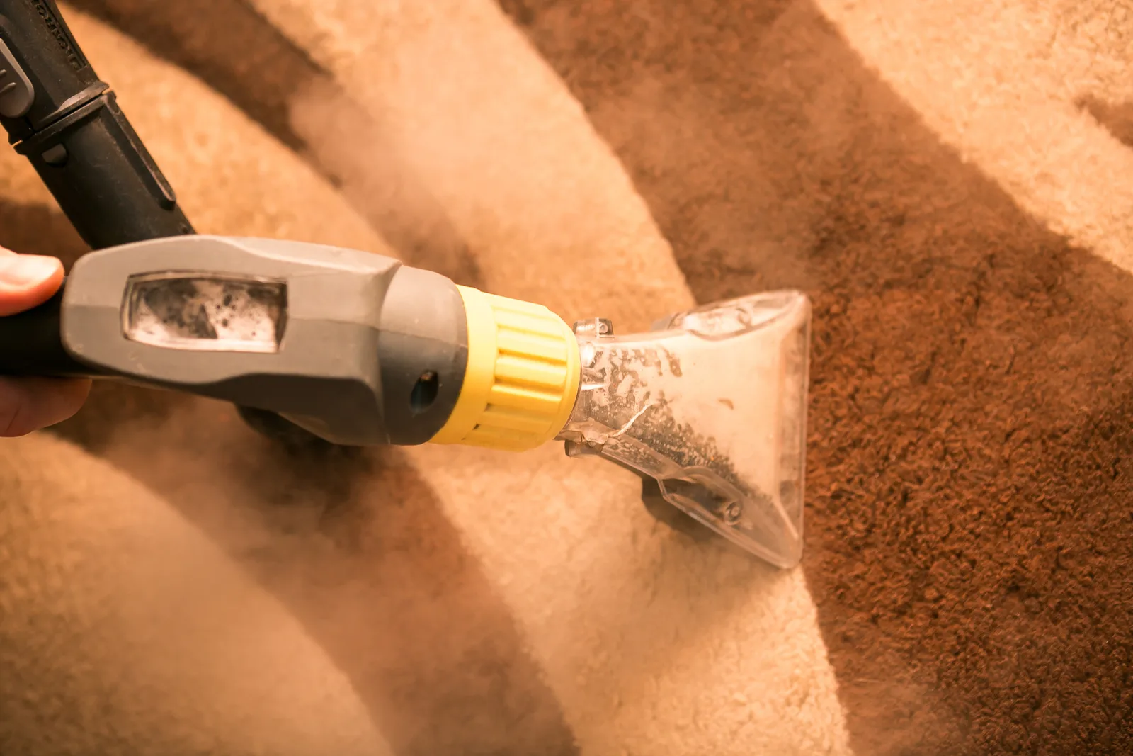 R&L Carpet Cleaning technician deep-cleaning tan carpet with a hot water extraction wand in a Kansas City home