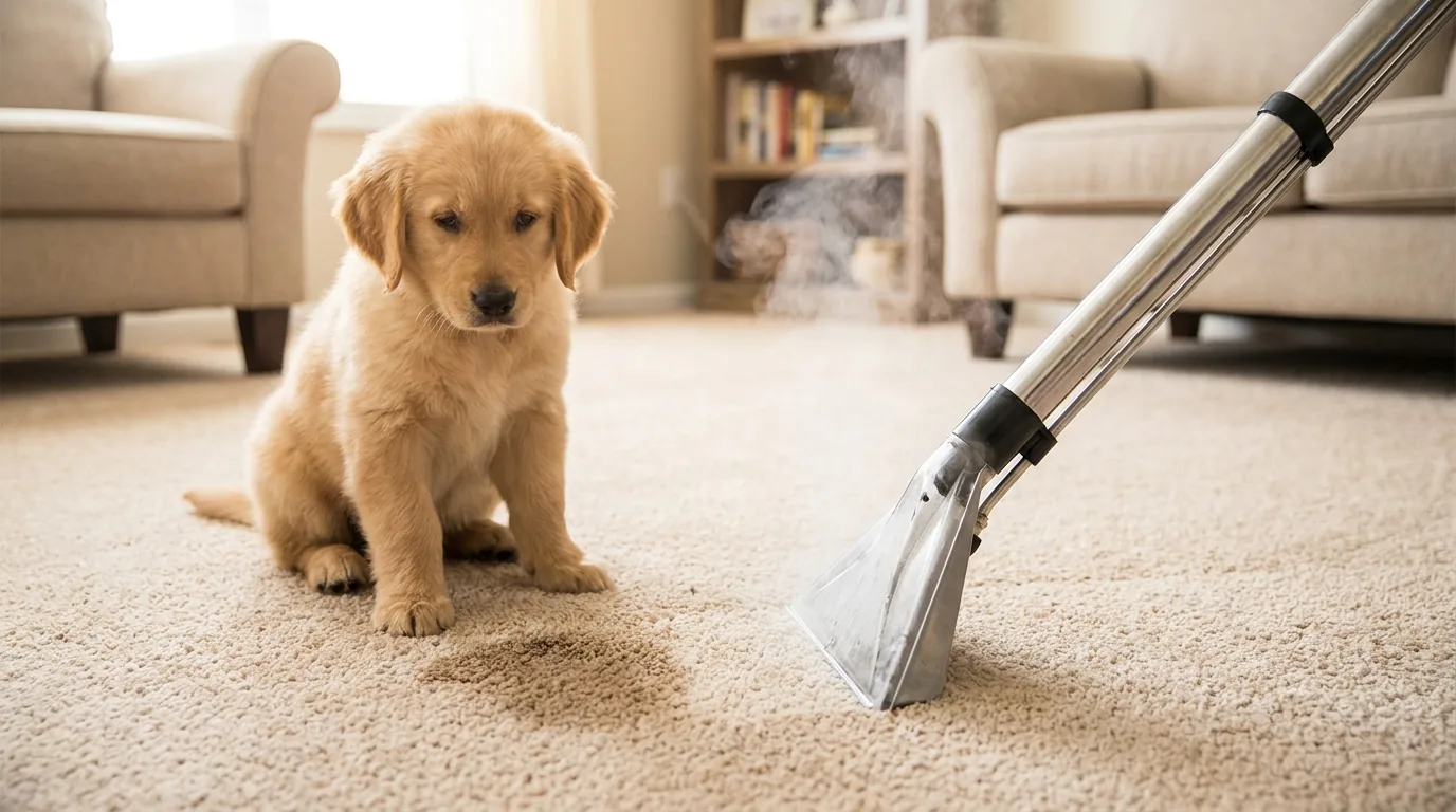 Puppy beside a carpet pet stain being treated with professional extraction equipment