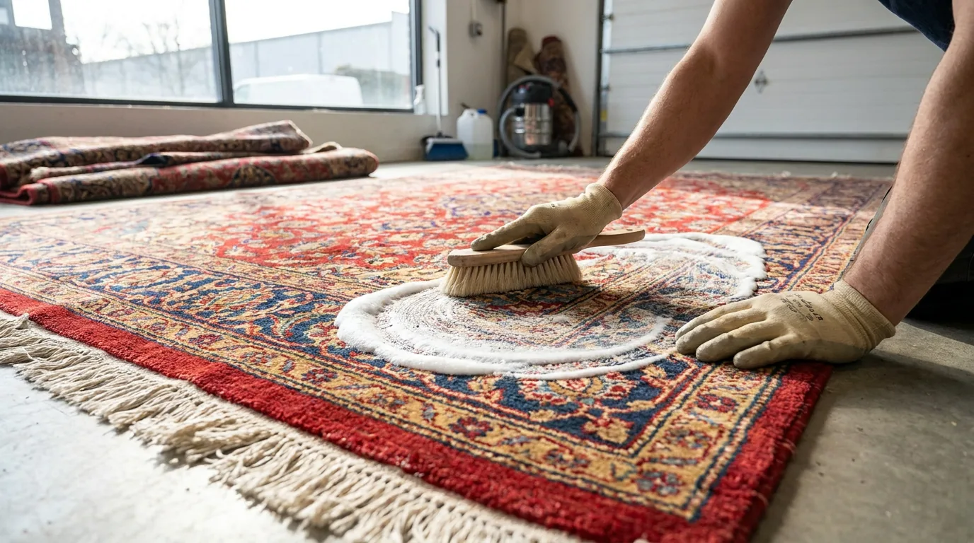 Professional hand-cleaning an oriental area rug for a Kansas City rug cleaning service
