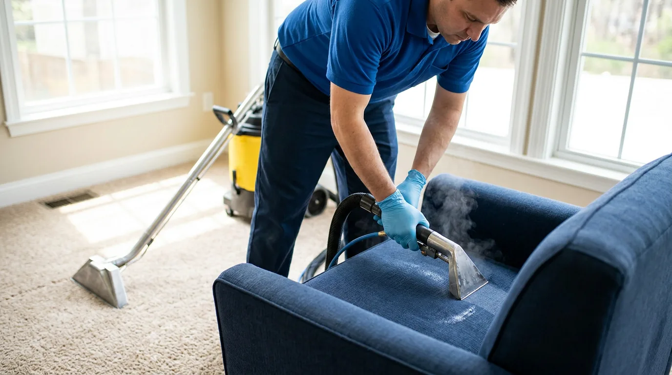 Upholstery cleaning tool on an armchair next to a carpet extraction wand, showing the different methods